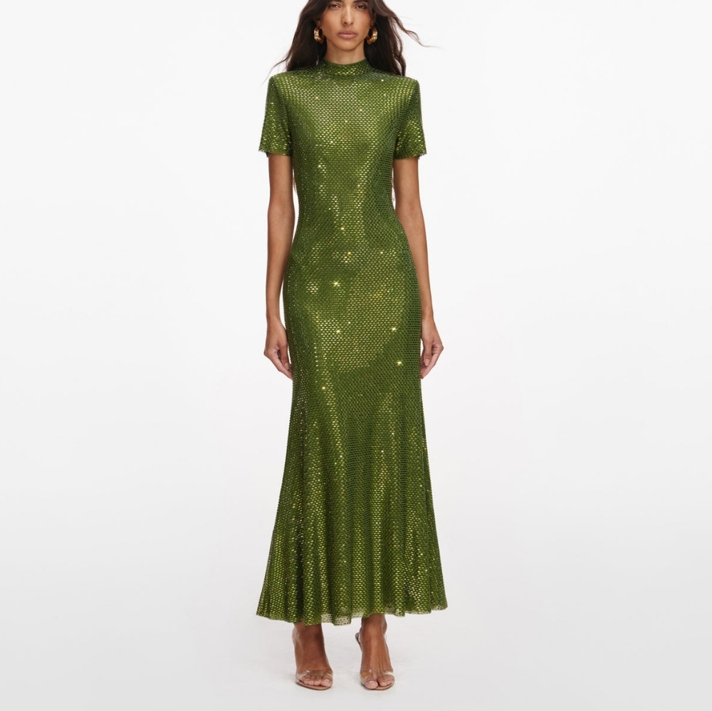 Self-Portrait Olive Rhinestone Mesh Midi Dress - Picture 1 of 7